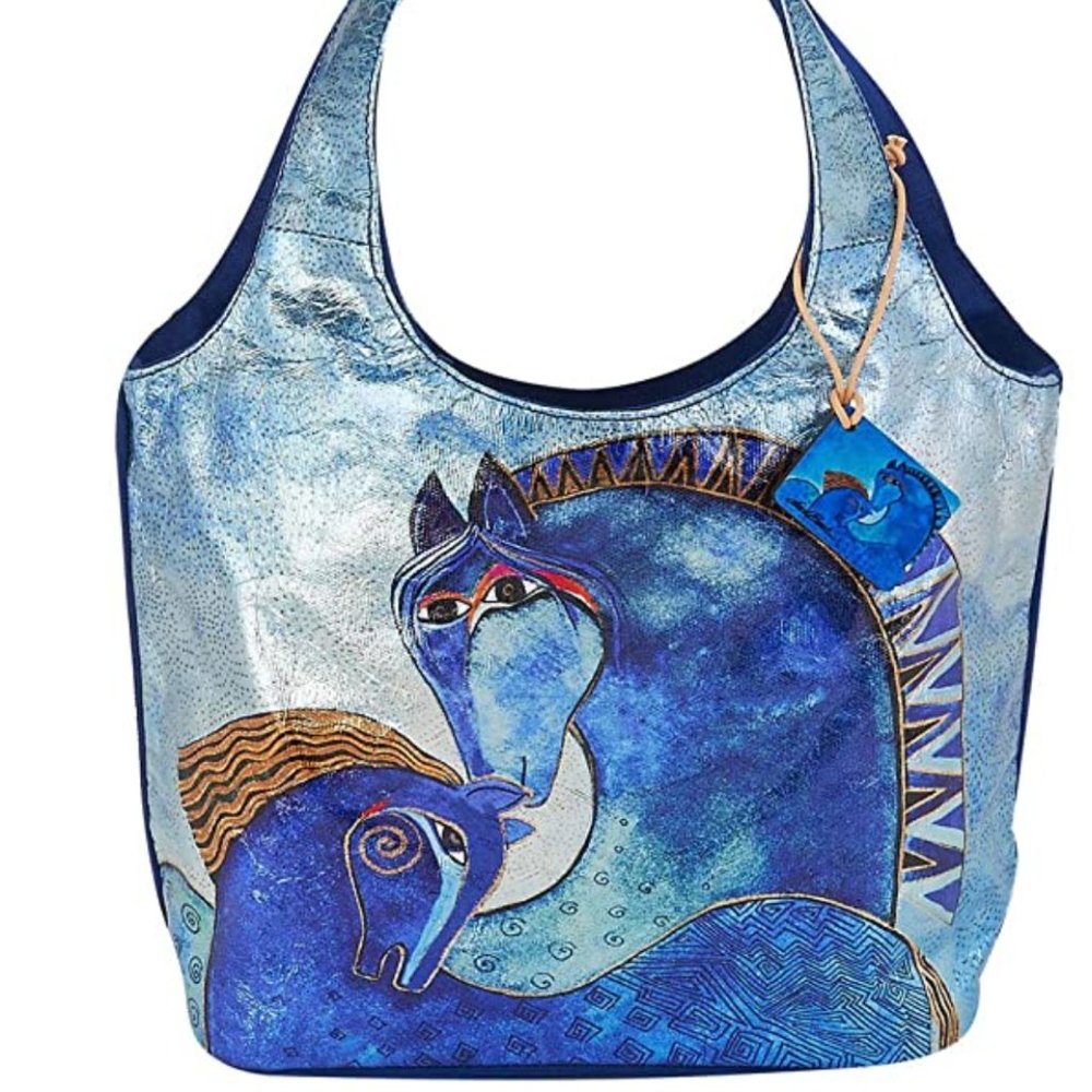 Laurel Burch Teal Mares Horse Foiled Metallic Canvas Small Scoop Purse NEW